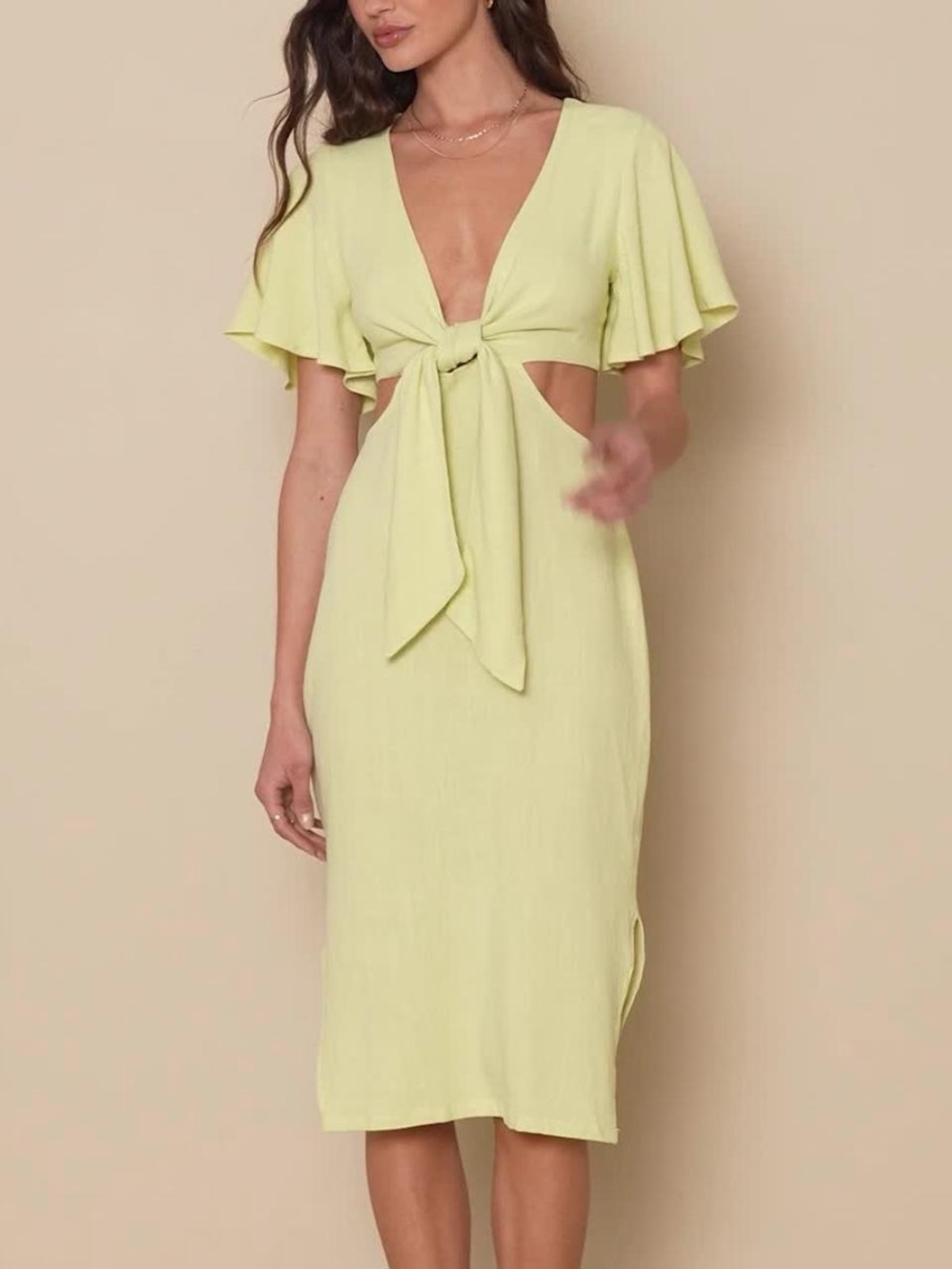 Light Green Tie-Front Cutout Midi Dress